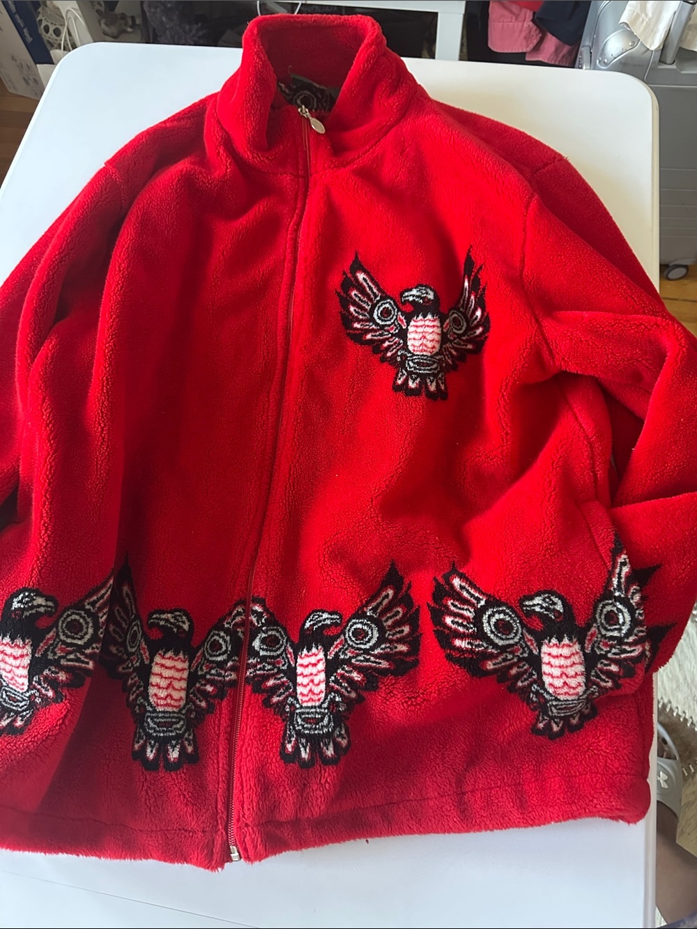 Red Fleece Jacket with Embroidered Bird Motif